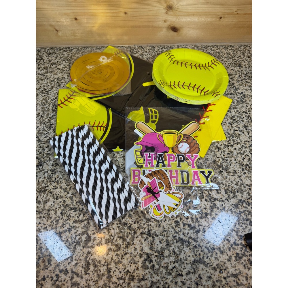 Softball Birthday Party Supplies Set‎ Plates(12) Tablecloth Cake Topper Straws